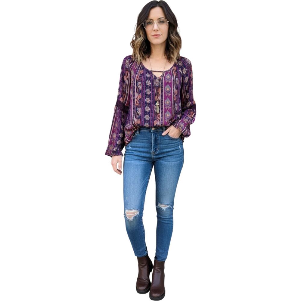 Ruff Hewn Top XL Boho Peasant Purple Floral Stripe Keyhole Neck Gauzy Hippie